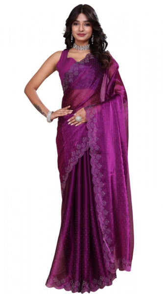 Mayawye Women's Tissue Pure Silk Embellished Bollywood Saree With Unstitched Blouse 5.5Mtr (Purple)