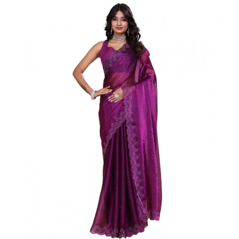 Mayawye Women's Tissue Pure Silk Embellished Bollywood Saree With Unstitched Blouse 5.5Mtr (Purple)