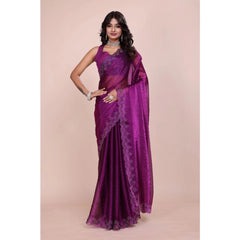 Mayawye Women's Tissue Pure Silk Embellished Bollywood Saree With Unstitched Blouse 5.5Mtr (Purple)