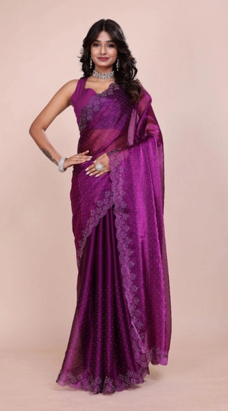 Mayawye Women's Tissue Pure Silk Embellished Bollywood Saree With Unstitched Blouse 5.5Mtr (Purple)