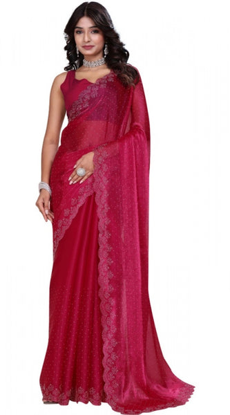 Mayawye Women's Jimmy choo Embellished Bollywood Saree With Unstitched Blouse 5.5Mtr (Red)