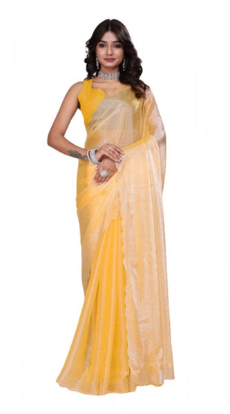 Mayawye Women's Tissue Pure Silk Embellished Bollywood Saree With Unstitched Blouse 5.5Mtr (Yellow)