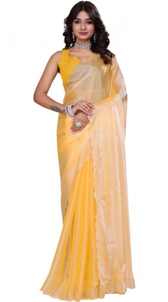 Mayawye Women's Tissue Pure Silk Embellished Bollywood Saree With Unstitched Blouse 5.5Mtr (Yellow)