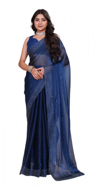 Mayawye Women's Jimmy choo Embellished Bollywood Saree With Unstitched Blouse 5.5Mtr (Blue)