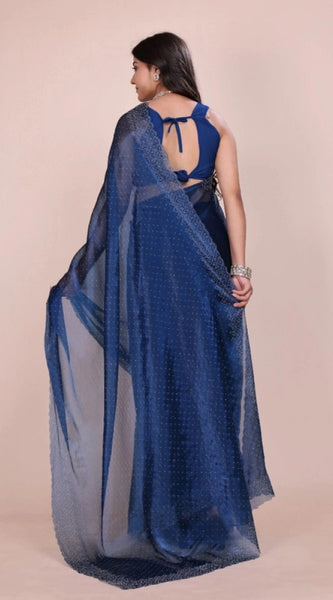 Mayawye Women's Jimmy choo Embellished Bollywood Saree With Unstitched Blouse 5.5Mtr (Blue)