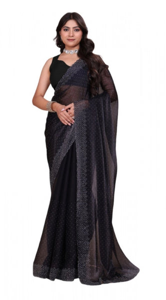 Mayawye Women's Jimmy choo Embellished Bollywood Saree With Unstitched Blouse 5.5Mtr (Black)