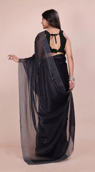 Mayawye Women's Jimmy choo Embellished Bollywood Saree With Unstitched Blouse 5.5Mtr (Black)