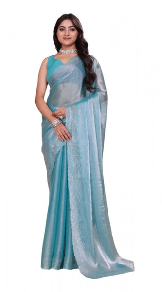 Mayawye Women's Jimmy choo Embellished Bollywood Saree With Unstitched Blouse 5.5Mtr (Light Blue)