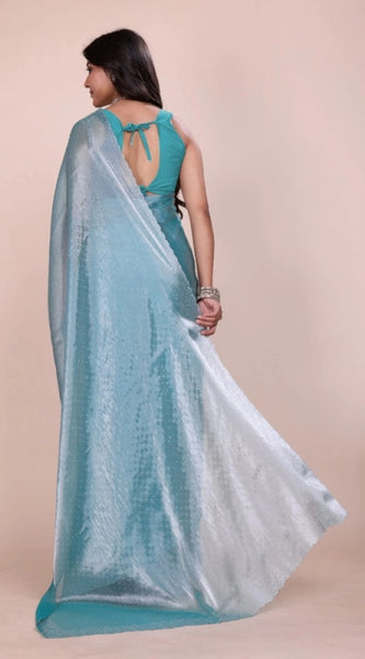Mayawye Women's Jimmy choo Embellished Bollywood Saree With Unstitched Blouse 5.5Mtr (Light Blue)