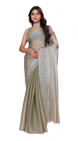 Mayawye Women's Jimmy choo Embellished Bollywood Saree With Unstitched Blouse 5.5Mtr (Light Green)