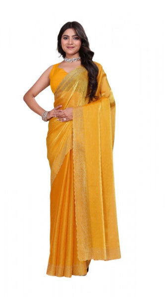 Mayawye Women's Jimmy choo Embellished Bollywood Saree With Unstitched Blouse 5.5Mtr (Mustard)