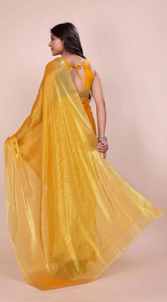 Mayawye Women's Jimmy choo Embellished Bollywood Saree With Unstitched Blouse 5.5Mtr (Mustard)