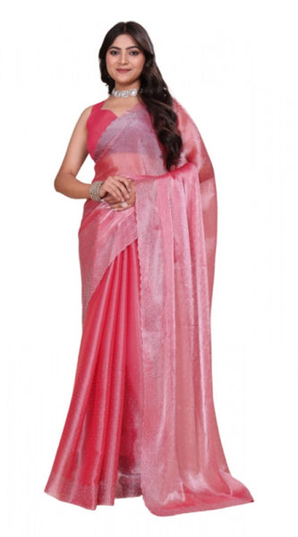 Mayawye Women's Jimmy choo Embellished Bollywood Saree With Unstitched Blouse 5.5Mtr (Pink)