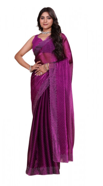Mayawye Women's Jimmy choo Embellished Bollywood Saree With Unstitched Blouse 5.5Mtr (Purple)