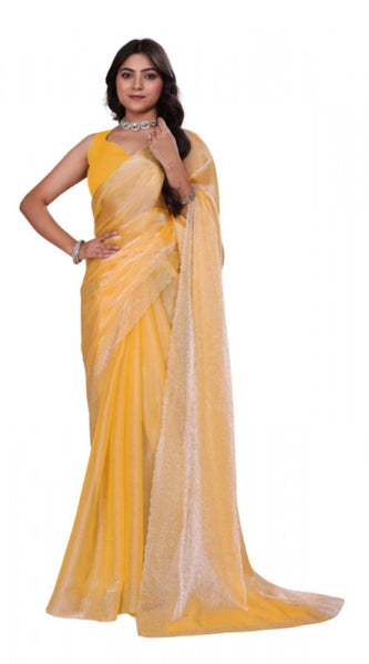 Mayawye Women's Jimmy choo Embellished Bollywood Saree With Unstitched Blouse 5.5Mtr (Yellow)
