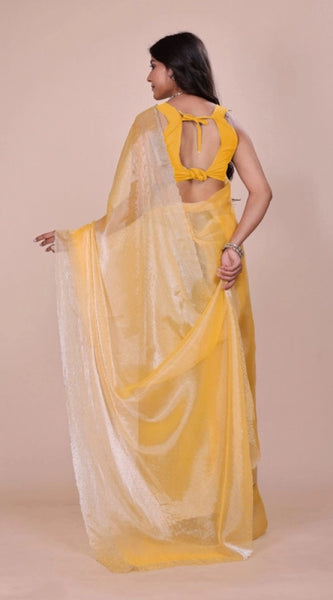 Mayawye Women's Jimmy choo Embellished Bollywood Saree With Unstitched Blouse 5.5Mtr (Yellow)