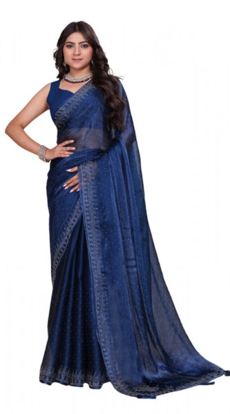 Mayawye Women's Jimmy choo Embellished Bollywood Saree With Unstitched Blouse 5.5Mtr (Blue)