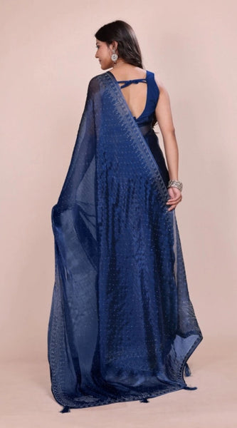 Mayawye Women's Jimmy choo Embellished Bollywood Saree With Unstitched Blouse 5.5Mtr (Blue)