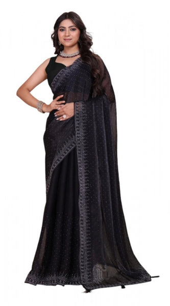 Mayawye Women's Jimmy choo Embellished Bollywood Saree With Unstitched Blouse 5.5Mtr (Black)
