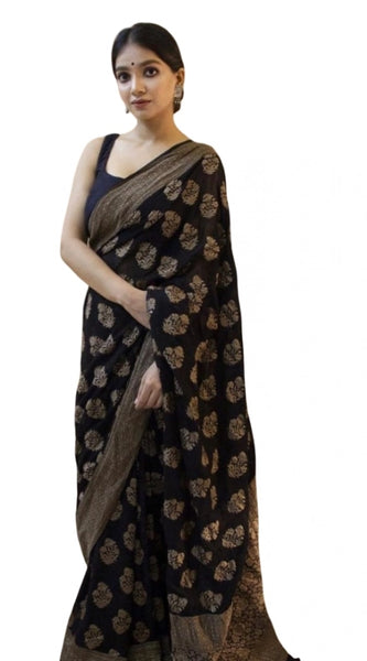 Mayawye Women's Soft Litchi Silk Jacquard Work Saree With Unstitched Blouse 5.5Mtr (Black)