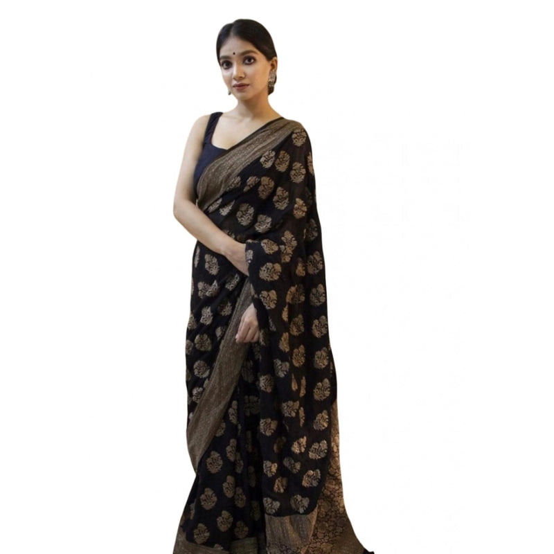 Mayawye Women's Soft Litchi Silk Jacquard Work Saree With Unstitched Blouse 5.5Mtr (Black)