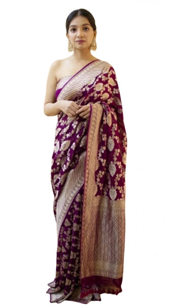 Mayawye Women's Soft Litchi Silk Jacquard Work Saree With Unstitched Blouse 5.5Mtr (Purple)