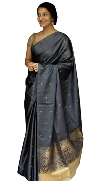 Mayawye Women's Soft Litchi Silk Jacquard Work Saree With Unstitched Blouse 5.5Mtr (Gray)