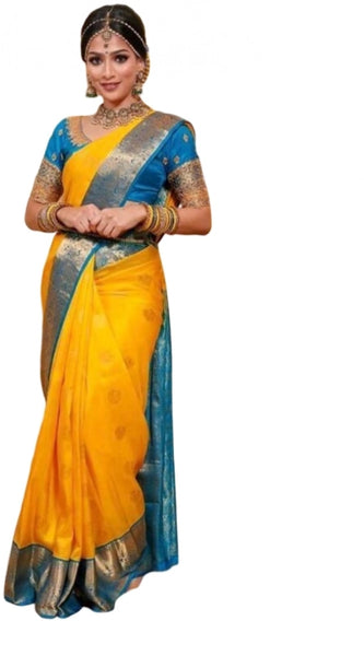 Mayawye Women's Soft Litchi Silk Jacquard Work Saree With Unstitched Blouse 5.5Mtr (Yellow)