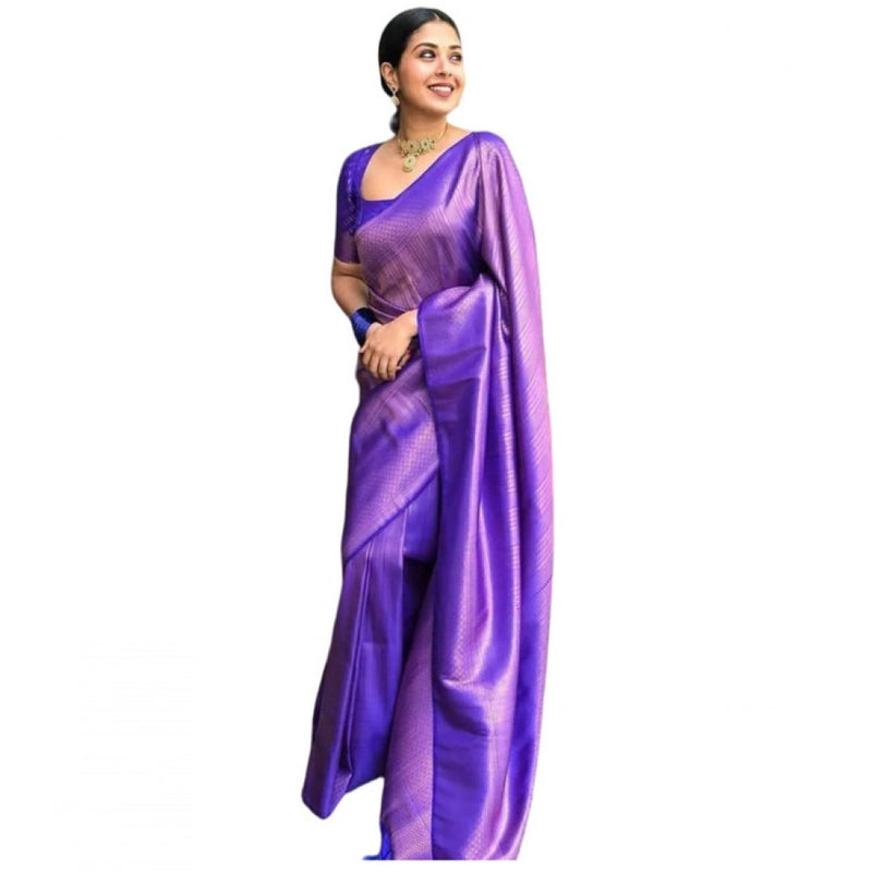 Mayawye Women's Litchi silk Printed Saree With Unstitched Blouse (Purple)