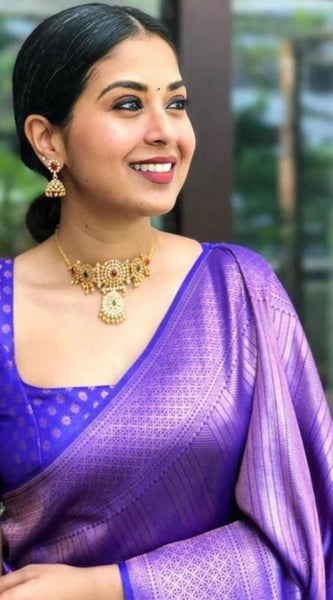 Mayawye Women's Litchi silk Printed Saree With Unstitched Blouse (Purple)