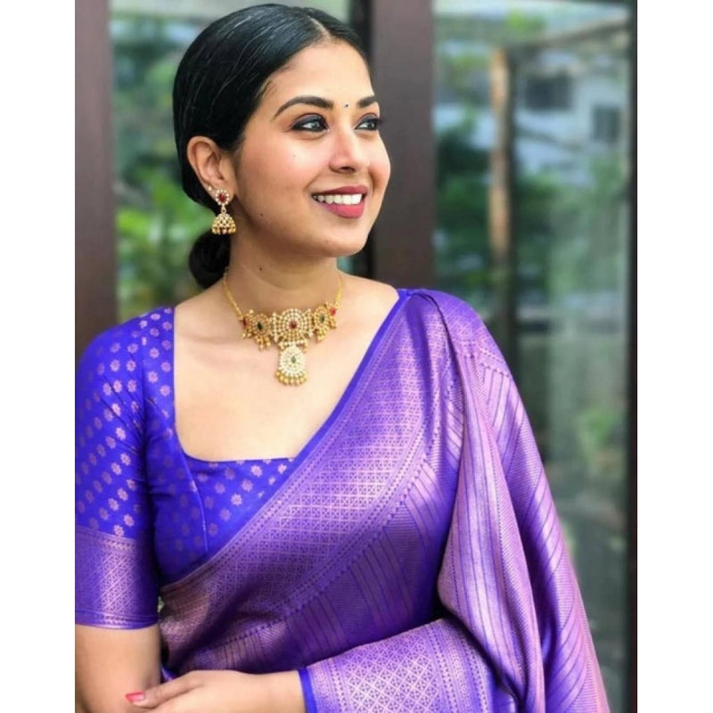 Mayawye Women's Litchi silk Printed Saree With Unstitched Blouse (Purple)