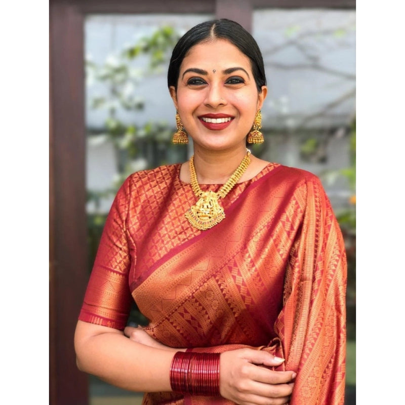 Mayawye Women's Litchi silk Printed Saree With Unstitched Blouse (Red)