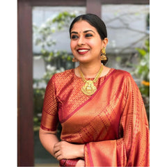 Mayawye Women's Litchi silk Printed Saree With Unstitched Blouse (Red)