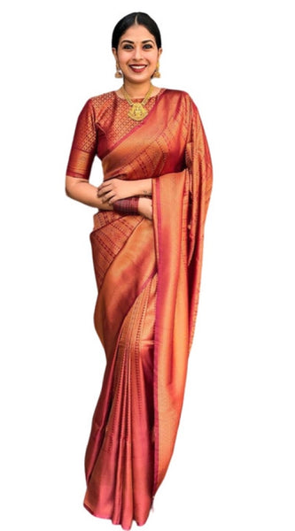 Mayawye Women's Litchi silk Printed Saree With Unstitched Blouse (Red)