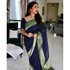 Mayawye Women's Litchi silk Printed Saree With Unstitched Blouse (Blue)