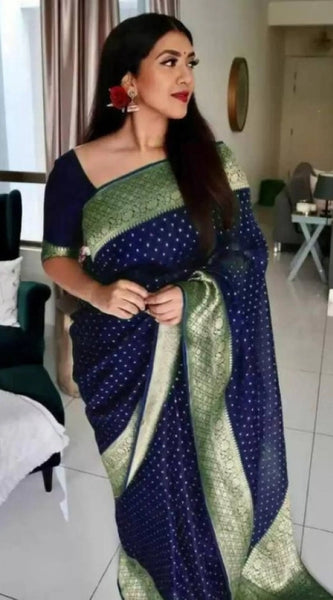 Mayawye Women's Litchi silk Printed Saree With Unstitched Blouse (Blue)