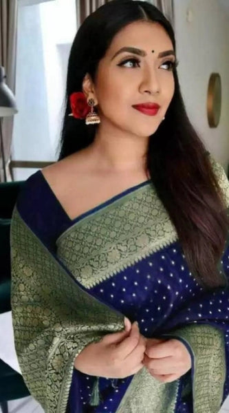 Mayawye Women's Litchi silk Printed Saree With Unstitched Blouse (Blue)