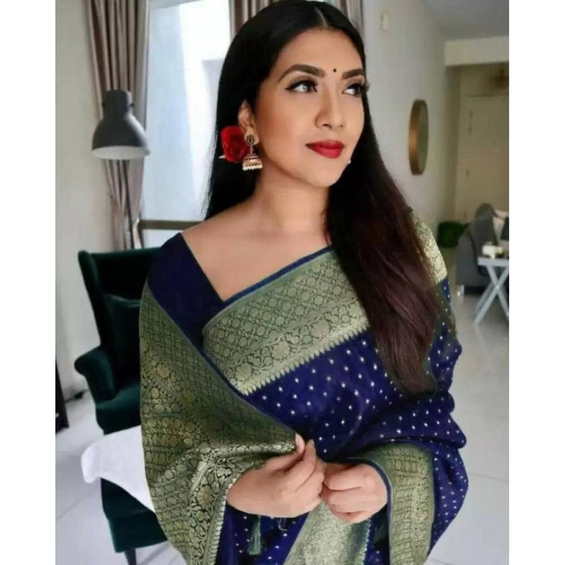 Mayawye Women's Litchi silk Printed Saree With Unstitched Blouse (Blue)