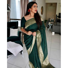Mayawye Women's Litchi silk Printed Saree With Unstitched Blouse (Green)