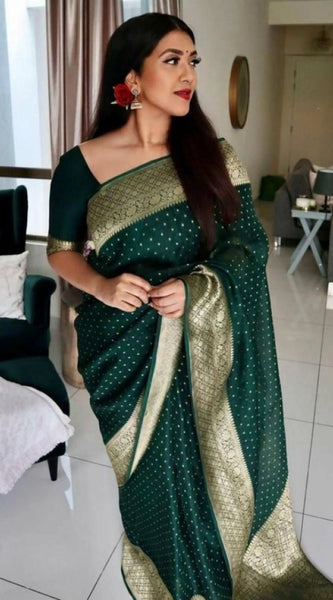 Mayawye Women's Litchi silk Printed Saree With Unstitched Blouse (Green)