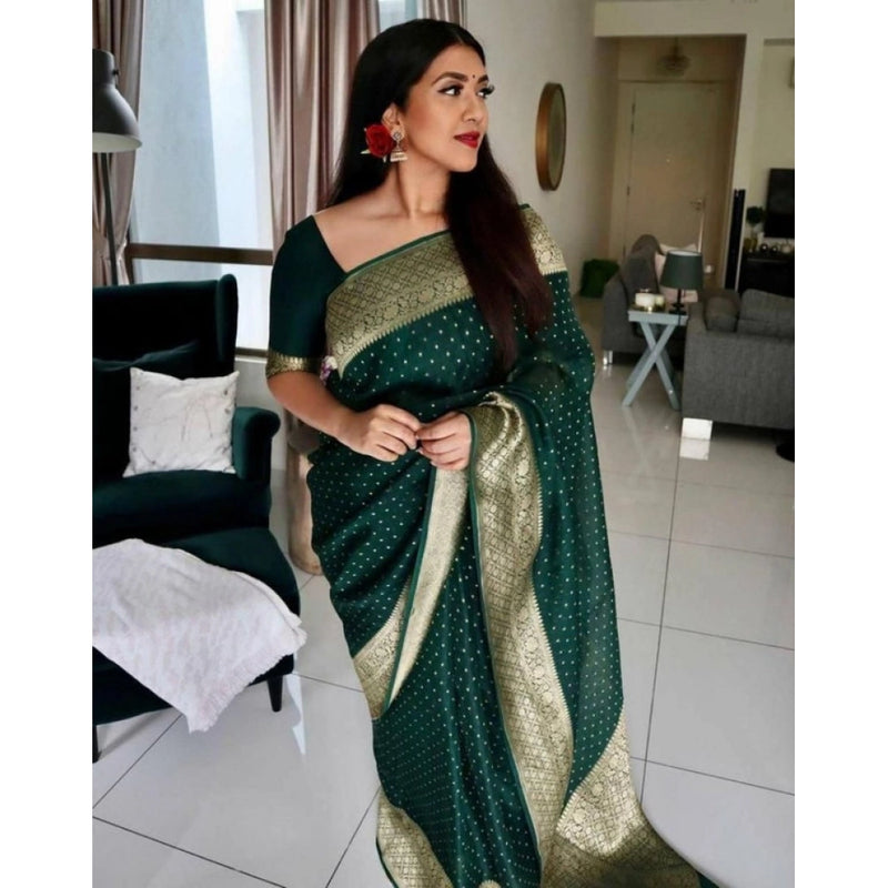 Mayawye Women's Litchi silk Printed Saree With Unstitched Blouse (Green)