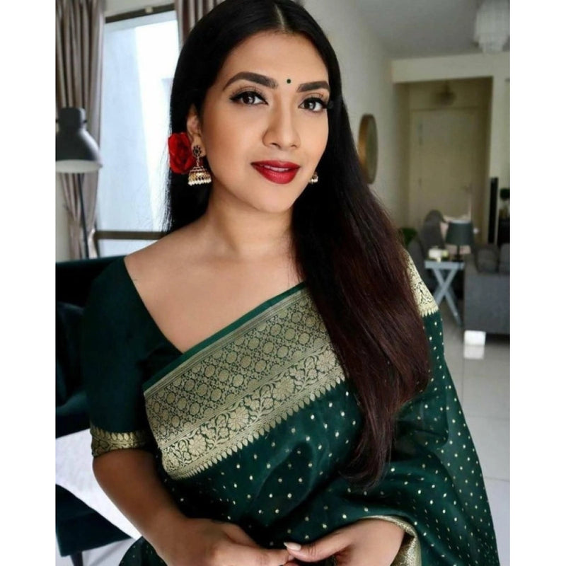 Mayawye Women's Litchi silk Printed Saree With Unstitched Blouse (Green)