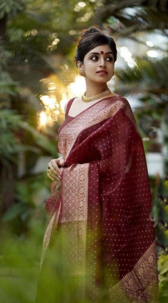 Mayawye Women's Litchi silk Printed Saree With Unstitched Blouse (Maroon)