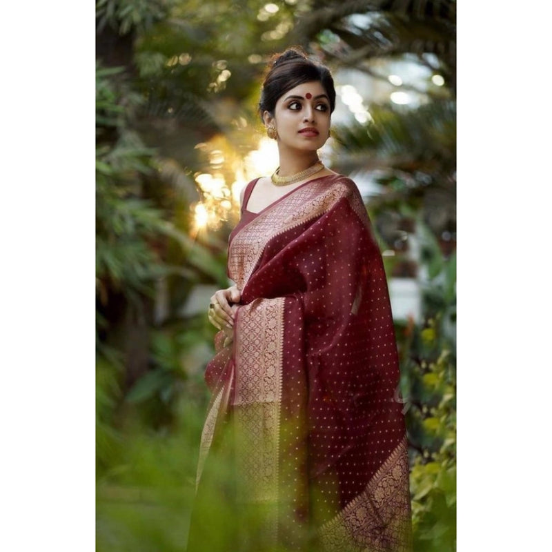 Mayawye Women's Litchi silk Printed Saree With Unstitched Blouse (Maroon)