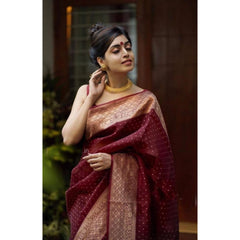 Mayawye Women's Litchi silk Printed Saree With Unstitched Blouse (Maroon)