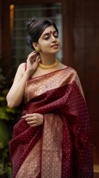 Mayawye Women's Litchi silk Printed Saree With Unstitched Blouse (Maroon)