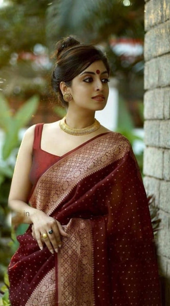 Mayawye Women's Litchi silk Printed Saree With Unstitched Blouse (Maroon)