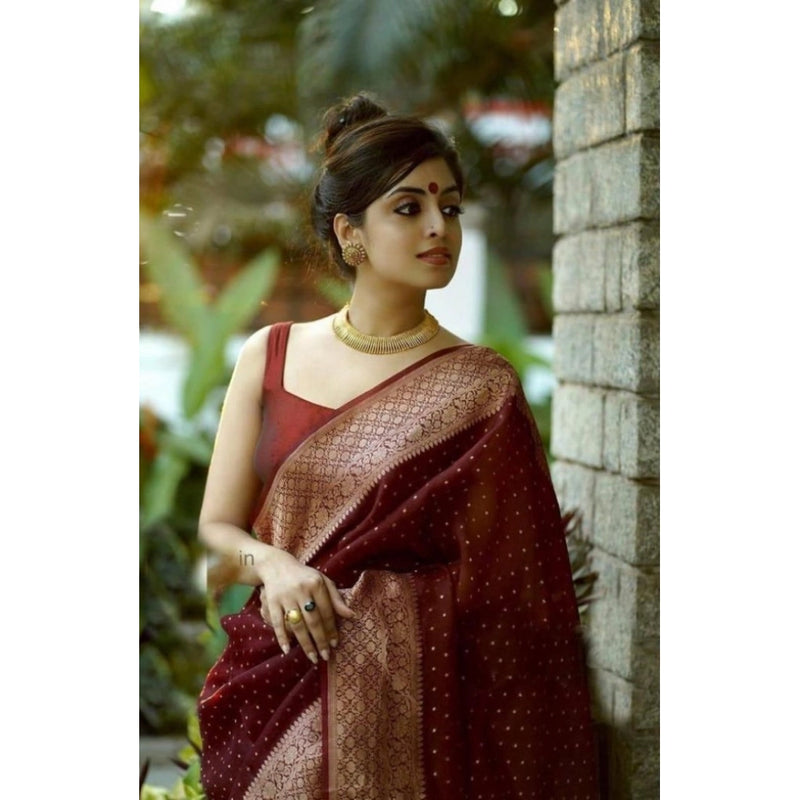 Mayawye Women's Litchi silk Printed Saree With Unstitched Blouse (Maroon)