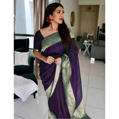 Mayawye Women's Litchi silk Printed Saree With Unstitched Blouse (Purple)