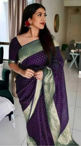 Mayawye Women's Litchi silk Printed Saree With Unstitched Blouse (Purple)